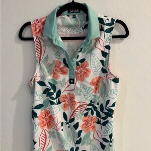 Bad Birdie Floral Sleeveless Polo - Coral & Teal floral tropical pattern. Medium